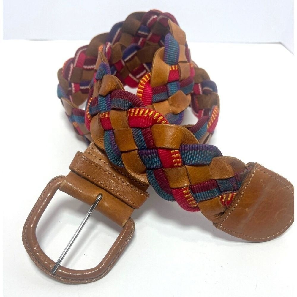 Leather Guatemala Belt Colorful W/ Red Blue Pink & Yellow Woven Strapping‎ Large